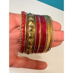 9pc‎ Gold Tone and Red Enamel Bangle Bracelet Set Pyramid Stud Hammered